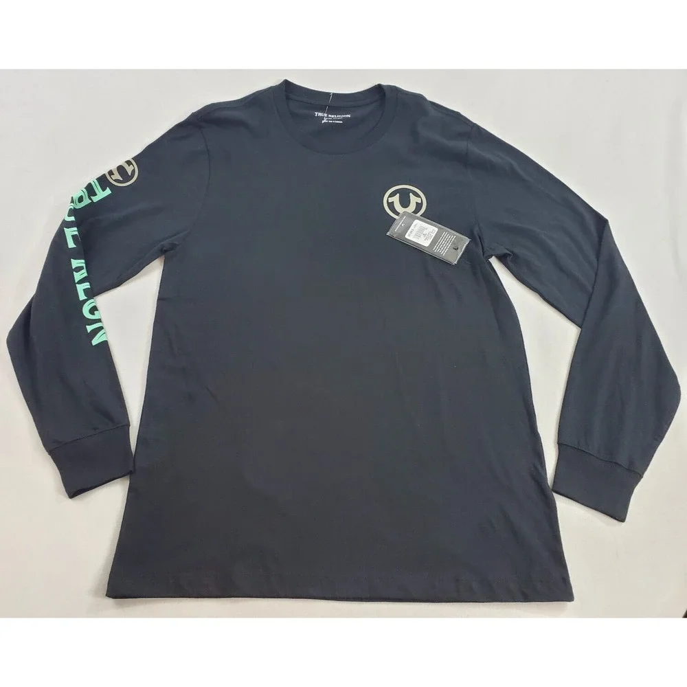 True Religion Mens T-Shirt Flock CWP02 106829 Jet Black Cotton Long Sleeve M